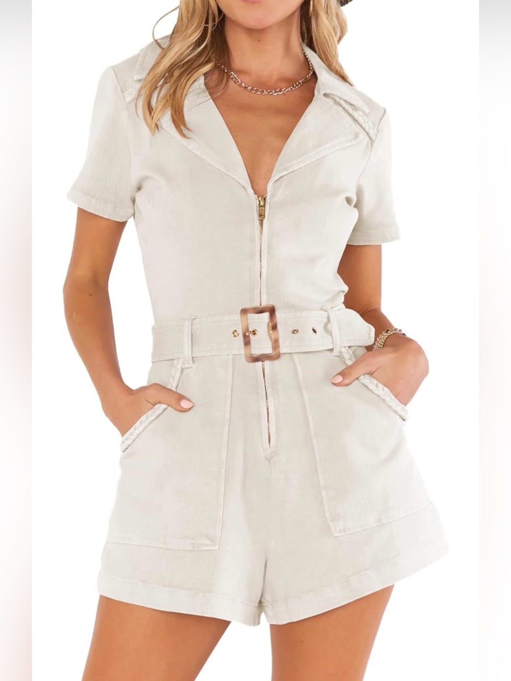 Twill Cotton Belted Zip Romper